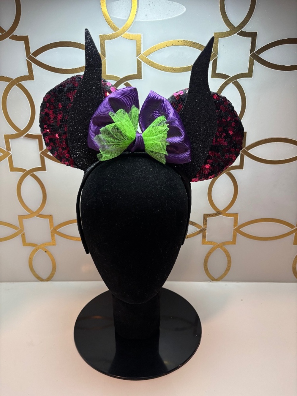 Disney Villains Maleficent Mickey Minnie Ears Sequin Horn Headband w/ Purple Bow